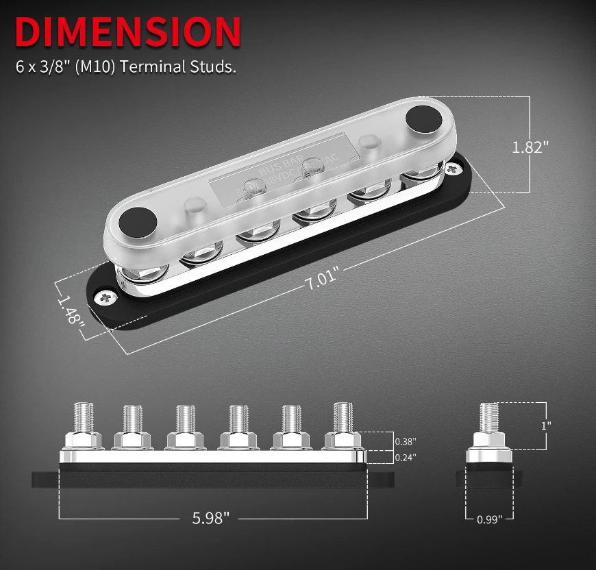 DAIERTEK 300A Bus Bar 12V Marine 12V Power Distribution Block with Cover 6 x 3/8'' (M10) Terminal Studs Max 300V AC 48V DC Positive & Ground Busbar for Automotive Car Boat (BB300-T6M10-C-BR)