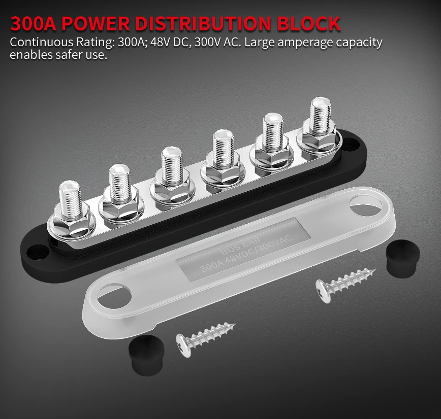 DAIERTEK 300A Bus Bar 12V Marine 12V Power Distribution Block with Cover 6 x 3/8'' (M10) Terminal Studs Max 300V AC 48V DC Positive & Ground Busbar for Automotive Car Boat (BB300-T6M10-C-BR)