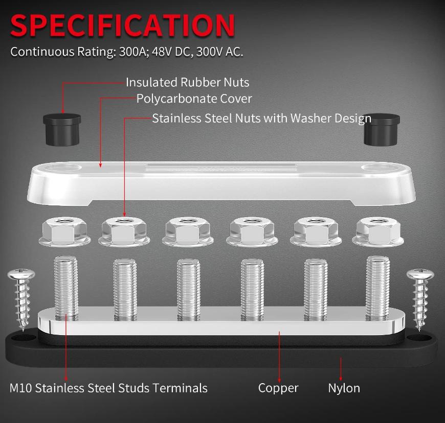DAIERTEK 300A Bus Bar 12V Marine 12V Power Distribution Block with Cover 6 x 3/8'' (M10) Terminal Studs Max 300V AC 48V DC Positive & Ground Busbar for Automotive Car Boat (BB300-T6M10-C-BR)